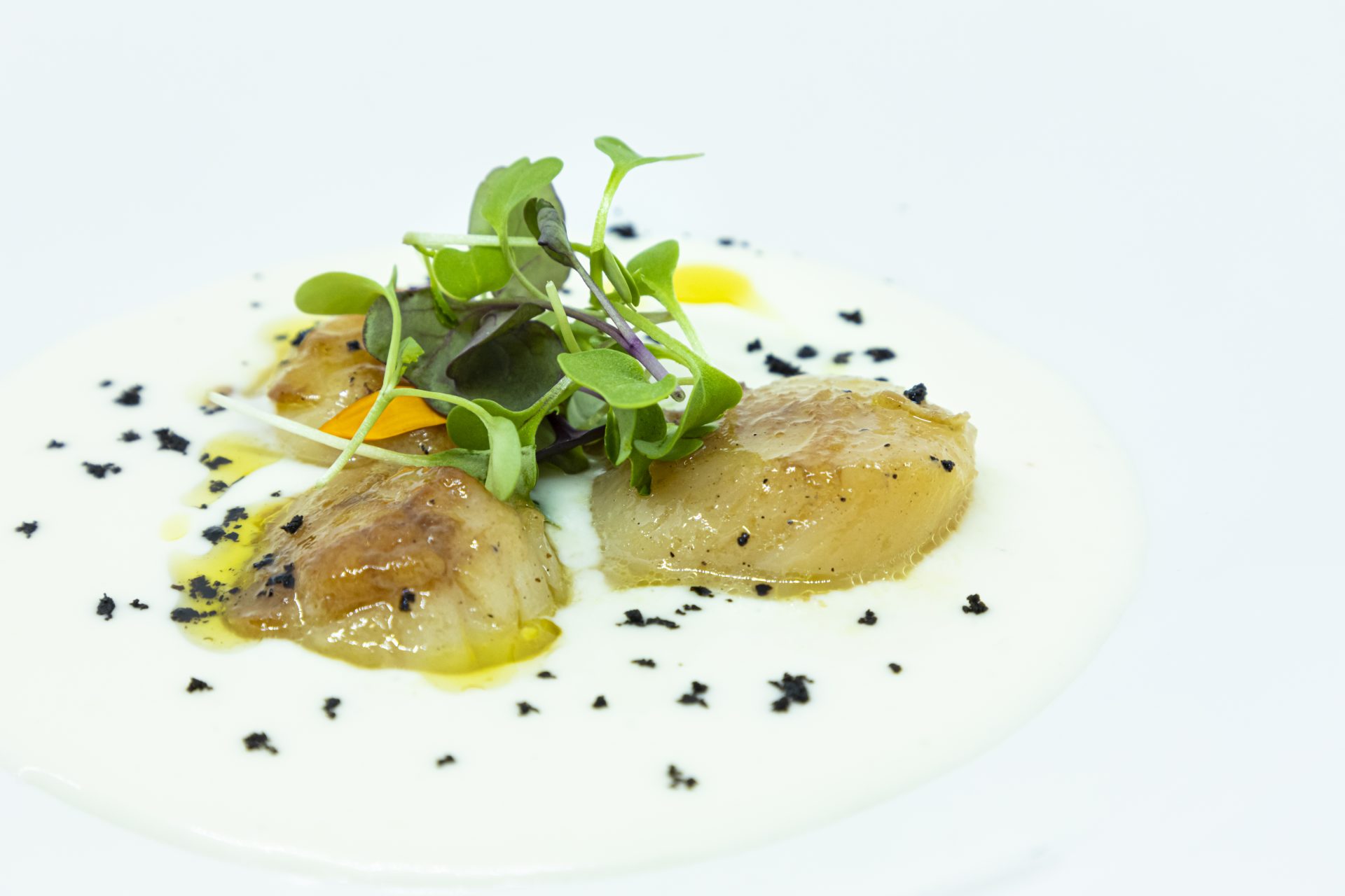 Vieiras con crema de queso idiázabal y aceite de trufa1